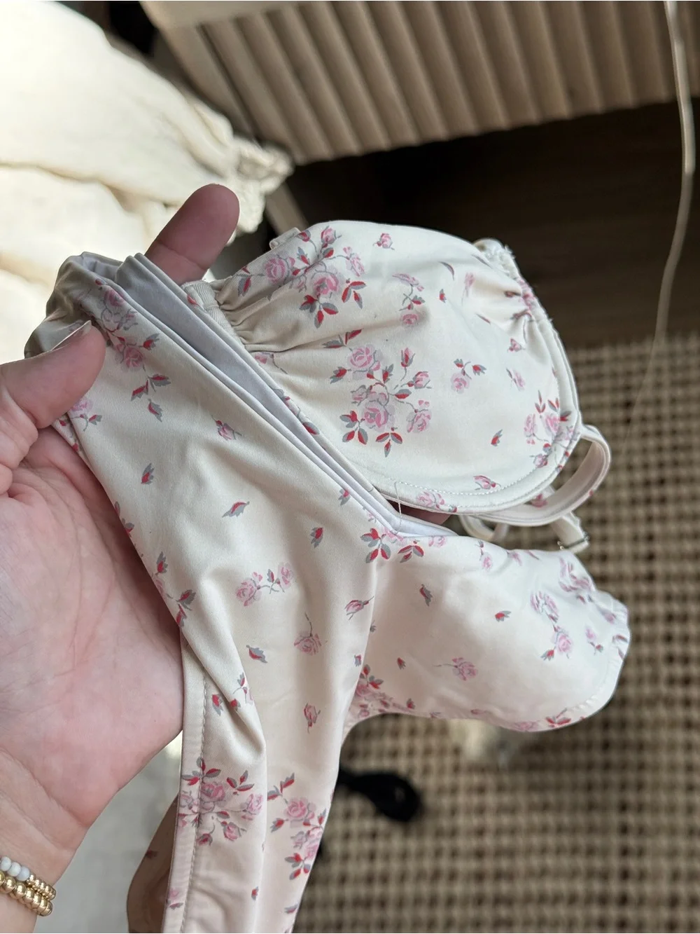 Frankie’s Bikinis: Floral Underwire Bikini Set - Cream with Pink Floral (small)
